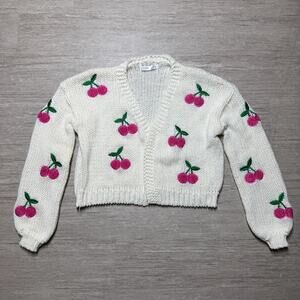 Altar'd State Cherry Embroidered Knit Cardigan Open Front Womens S Ivory Cream